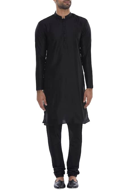 Shop_Manish Nagdeo_Black Silk Floral Motifs Block Printed Bandhgala With Kurta And Pyjama _Online_at_Aza_Fashions