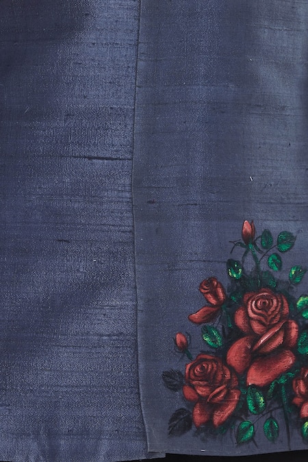 Manish Nagdeo_Black Silk Floral Motifs Block Printed Bandhgala With Kurta And Pyjama _at_Aza_Fashions