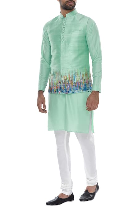 Manish Nagdeo Off White Cotton Printed Abstract Nehru Jacket With Kurta And Pyjama 