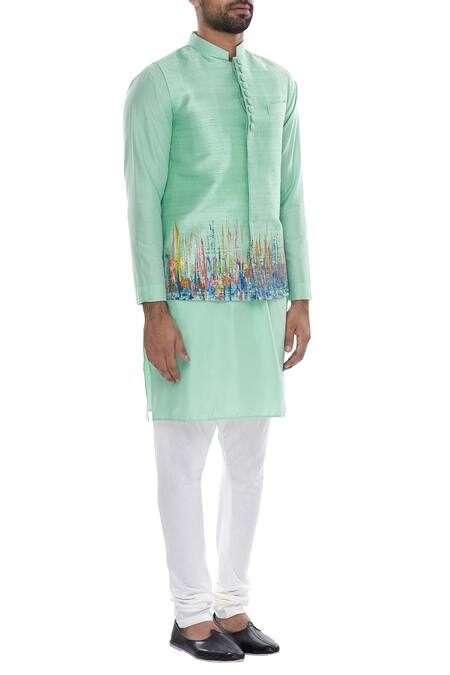 Manish Nagdeo_Off White , Silk Abstract Printed Nehru Jacket With Kurta And Pyjama _Online_at_Aza_Fashions