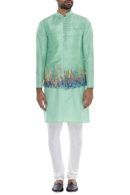 Buy_Manish Nagdeo_Off White , Silk Abstract Printed Nehru Jacket With Kurta And Pyjama _Online_at_Aza_Fashions