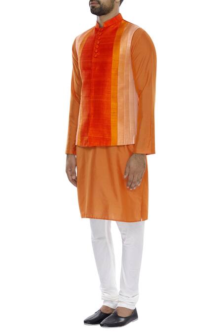 Manish Nagdeo_Off White Silk Vertical Panel Nehru Jacket With Kurta And Pyjama _Online_at_Aza_Fashions