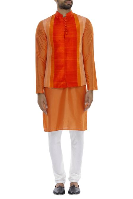 Buy_Manish Nagdeo_Off White Silk Vertical Panel Nehru Jacket With Kurta And Pyjama _Online_at_Aza_Fashions