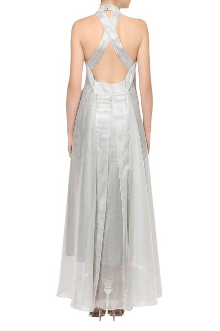 Shop_Amit Aggarwal_Silver Organza Embroidered Floral Notched Halter Neck Dress_at_Aza_Fashions