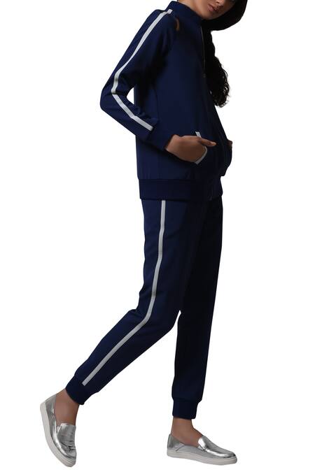 Manika Nanda_Blue Heavy Spandex Crepe Floral, Beads Round Striped Cut Out Track Suit _Online_at_Aza_Fashions