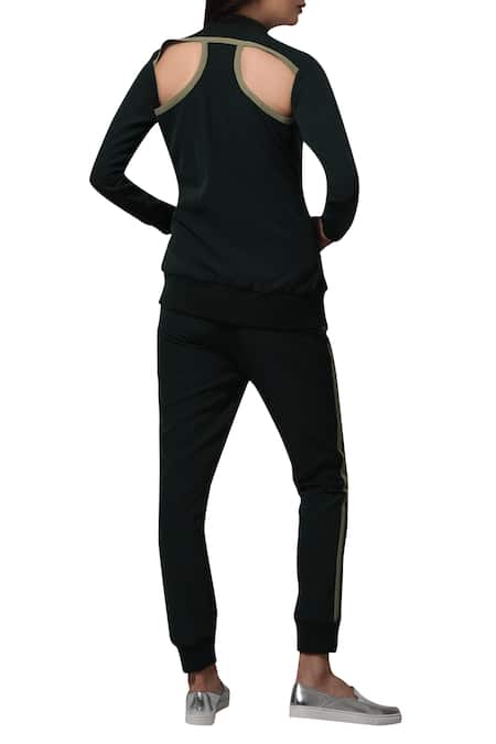 Shop_Manika Nanda_Green Heavy Spandex Crepe Floral, Beads Round Racer Back Cut Out Track Suit _at_Aza_Fashions