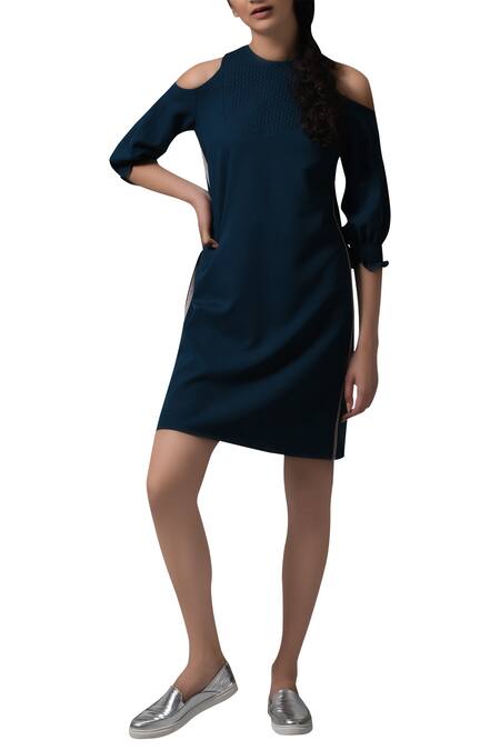 Manika Nanda Blue Heavy Moss Crepe Floral, Beads Round Cut Out And Quilted Shift Dress 