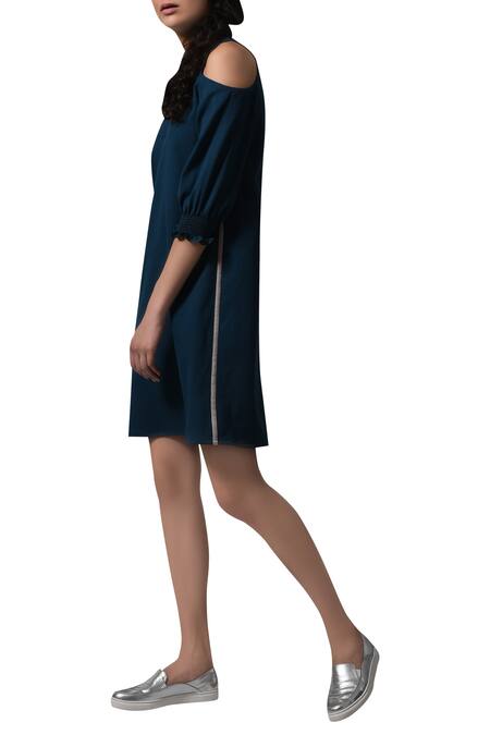 Buy_Manika Nanda_Blue Heavy Moss Crepe Floral, Beads Round Cut Out And Quilted Shift Dress _Online_at_Aza_Fashions