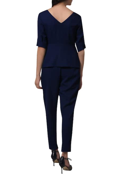 Shop_Manika Nanda_Blue Heavy Moss Crepe Floral, Beads Round Contrast Piping Blazer Playsuit _at_Aza_Fashions