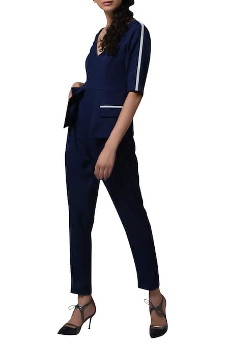 Manika Nanda_Blue Heavy Moss Crepe Floral, Beads Round Contrast Piping Blazer Playsuit _Online_at_Aza_Fashions