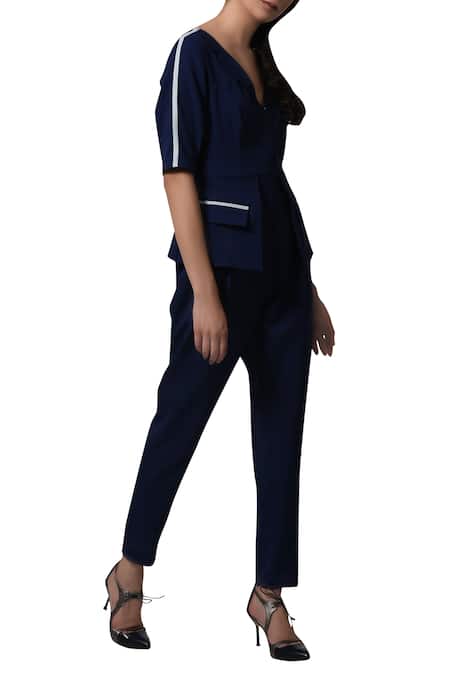 Buy_Manika Nanda_Blue Heavy Moss Crepe Floral, Beads Round Contrast Piping Blazer Playsuit _Online_at_Aza_Fashions