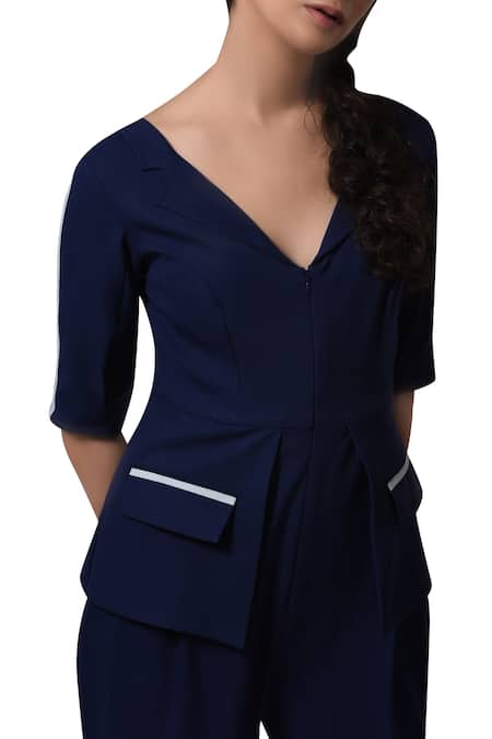 Shop_Manika Nanda_Blue Heavy Moss Crepe Floral, Beads Round Contrast Piping Blazer Playsuit _Online_at_Aza_Fashions