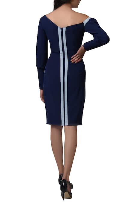 Shop_Manika Nanda_Blue Heavy Moss Crepe Floral, Quilted Cuff And Contrast Piping Off Shoulder Dress _at_Aza_Fashions