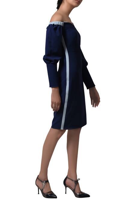 Manika Nanda_Blue Heavy Moss Crepe Floral, Quilted Cuff And Contrast Piping Off Shoulder Dress _Online_at_Aza_Fashions