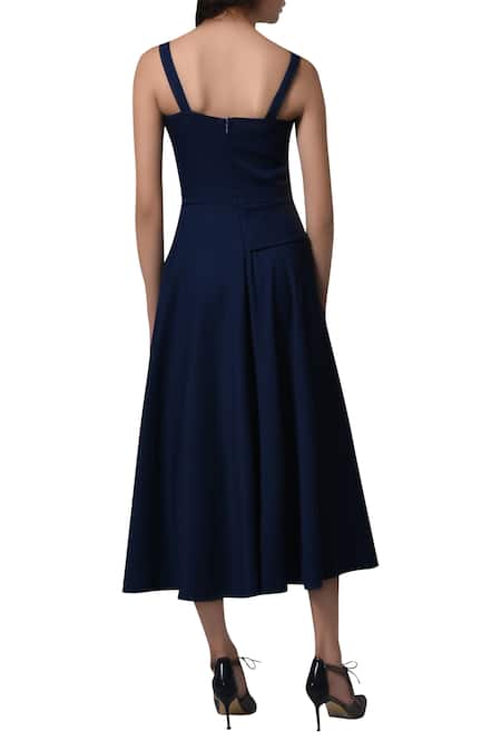 Shop_Manika Nanda_Blue Heavy Moss Crepe Floral, Beads Round Peplum Fit Midi Dress _at_Aza_Fashions