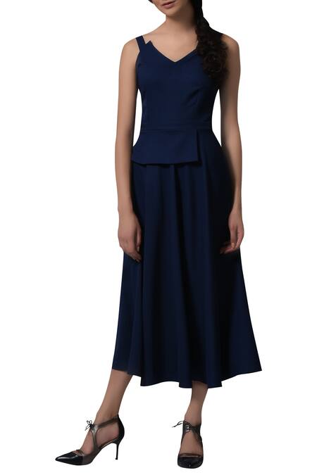 Manika Nanda_Blue Heavy Moss Crepe Floral, Beads Round Peplum Fit Midi Dress _Online_at_Aza_Fashions