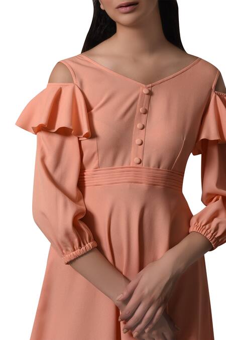 Shop_Manika Nanda_Peach Moss Crepe Leaf Neck Cold Shoulder Midi Dress _Online_at_Aza_Fashions