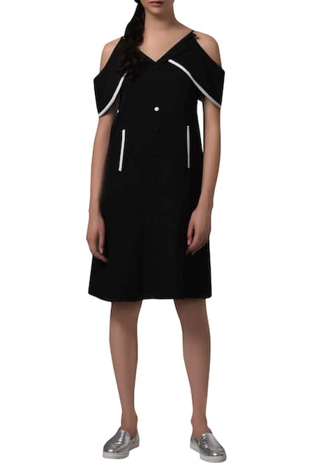 Manika Nanda Black Heavy Moss Crepe Floral, Beads Round Cold Shoulder Dress 