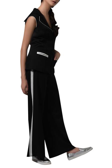 Manika Nanda_Black Heavy Moss Crepe Floral, Beads Round Cut Out Blazer And Flared Pants _Online_at_Aza_Fashions