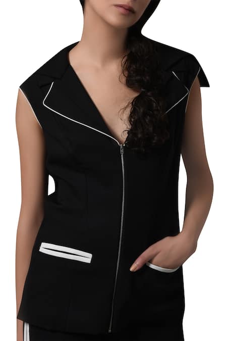 Buy_Manika Nanda_Black Heavy Moss Crepe Floral, Beads Round Cut Out Blazer And Flared Pants _Online_at_Aza_Fashions