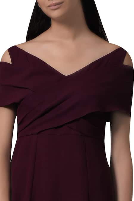 Buy Manika Nanda Red Heavy Moss Crepe Floral, Beads Round Cold Shoulder Dress Online at Aza Fashions Buy_Manika Nanda_Red Heavy Moss Crepe Floral, Beads Round Cold Shoulder Dress _Online_at_Aza_Fashions