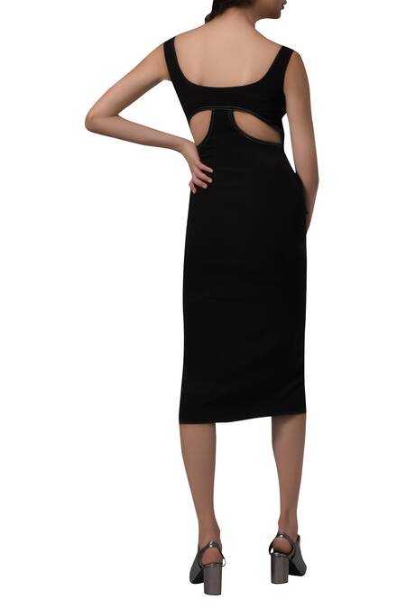 Shop_Manika Nanda_Black Heavy Spandex Crepe Floral, Beads Round Peplum Dress _at_Aza_Fashions