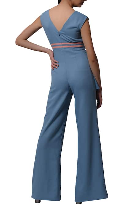 Shop_Manika Nanda_Blue Heavy Moss Crepe Floral, Beads Round Blazer Jumpsuit With Tie Up Detail _at_Aza_Fashions