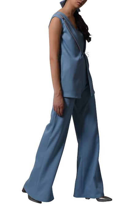 Manika Nanda_Blue Heavy Moss Crepe Floral, Beads Round Blazer Jumpsuit With Tie Up Detail _Online_at_Aza_Fashions