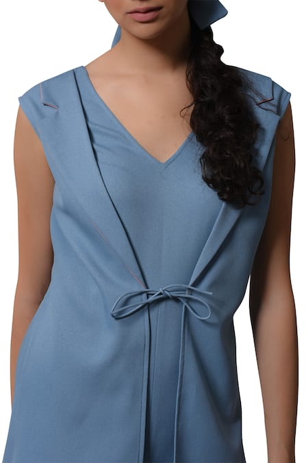 Buy_Manika Nanda_Blue Heavy Moss Crepe Floral, Beads Round Blazer Jumpsuit With Tie Up Detail _Online_at_Aza_Fashions