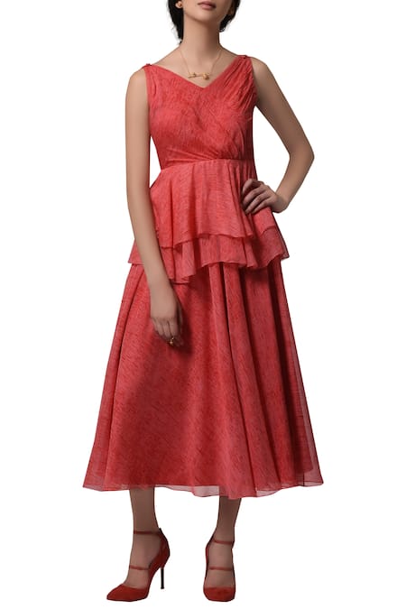 Manika Nanda Red Blended Chiffon Floral, Beads Round Printed Peplum Midi Dress 