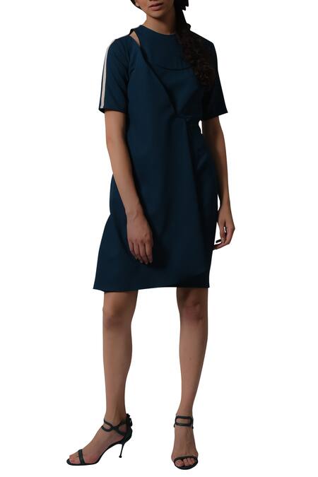 Manika Nanda Blue Heavy Moss Crepe Floral, Beads Round Back Cut Out Dress 