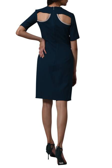 Shop_Manika Nanda_Blue Heavy Moss Crepe Floral, Beads Round Back Cut Out Dress _at_Aza_Fashions