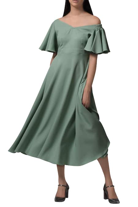 Manika Nanda Green Heavy Moss Crepe Floral, Beads Off Shoulder Flared Sleeves Midi Dress 