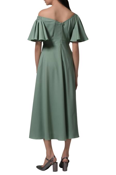 Shop_Manika Nanda_Green Heavy Moss Crepe Floral, Beads Off Shoulder Flared Sleeves Midi Dress _at_Aza_Fashions