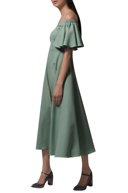 Manika Nanda_Green Heavy Moss Crepe Floral, Beads Off Shoulder Flared Sleeves Midi Dress _Online_at_Aza_Fashions