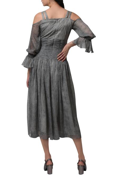 Shop_Manika Nanda_Grey Blended Chiffon Floral, Beads Round Printed Flared Midi Dress _at_Aza_Fashions