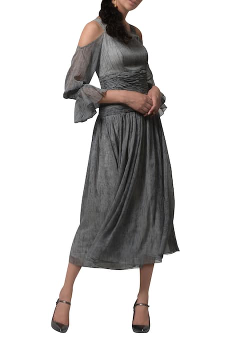 Manika Nanda_Grey Blended Chiffon Floral, Beads Round Printed Flared Midi Dress _Online_at_Aza_Fashions