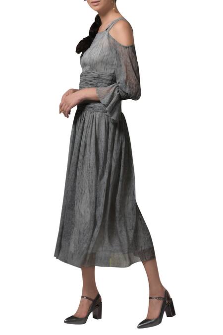 Buy_Manika Nanda_Grey Blended Chiffon Floral, Beads Round Printed Flared Midi Dress _Online_at_Aza_Fashions