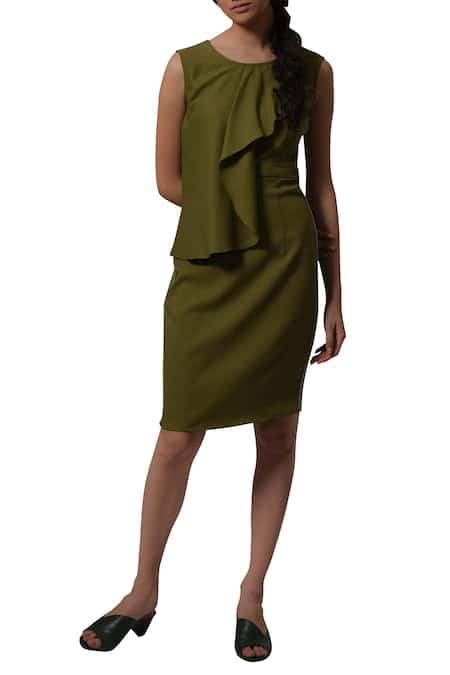 Manika Nanda Green Heavy Moss Crepe Floral, Beads Round Asymmetric Front Drape Dress  