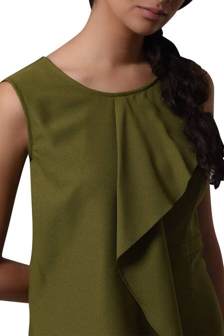 Buy_Manika Nanda_Green Heavy Moss Crepe Floral, Beads Round Asymmetric Front Drape Dress  _Online_at_Aza_Fashions