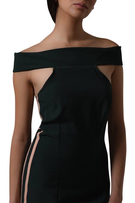 Buy_Manika Nanda_Green Heavy Spandex Crepe Floral, Beads Round Off Shoulder Fitted Dress _Online_at_Aza_Fashions