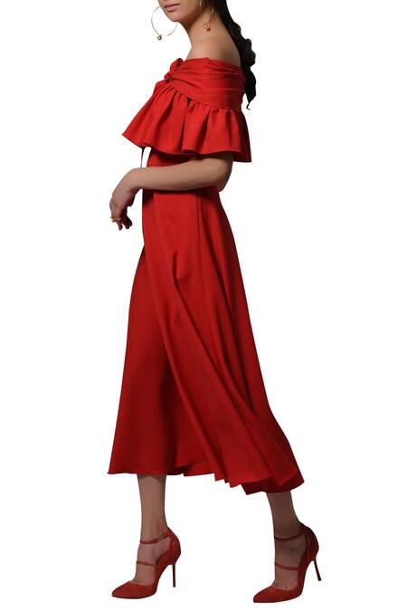 Manika Nanda_Red Heavy Moss Crepe Floral, Beads Round Off Shoulder Midi Dress _Online_at_Aza_Fashions