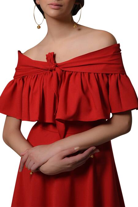 Buy_Manika Nanda_Red Heavy Moss Crepe Floral, Beads Round Off Shoulder Midi Dress _Online_at_Aza_Fashions