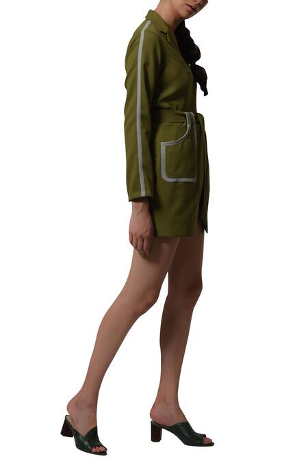 Manika Nanda_Green Heavy Moss Crepe Floral, Beads Round Long Blazer With High Waist Shorts _Online_at_Aza_Fashions