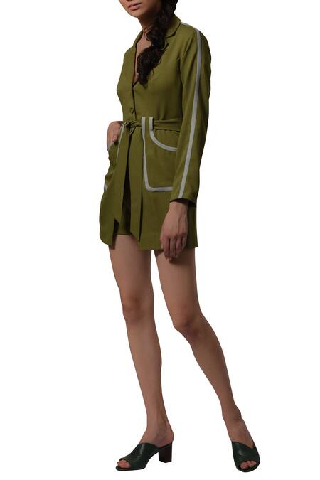 Buy_Manika Nanda_Green Heavy Moss Crepe Floral, Beads Round Long Blazer With High Waist Shorts _Online_at_Aza_Fashions