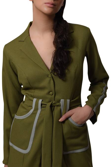 Shop_Manika Nanda_Green Heavy Moss Crepe Floral, Beads Round Long Blazer With High Waist Shorts _Online_at_Aza_Fashions