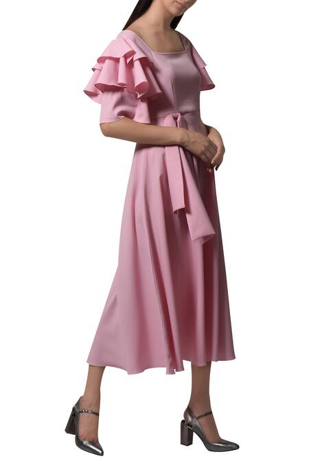 Manika Nanda_Pink Heavy Moss Crepe Floral, Beads Round Layered Sleeves Midi Dress _Online_at_Aza_Fashions