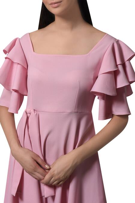 Buy_Manika Nanda_Pink Heavy Moss Crepe Floral, Beads Round Layered Sleeves Midi Dress _Online_at_Aza_Fashions