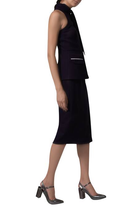 Manika Nanda_Blue Heavy Moss Crepe Floral, Beads Round Peplum Fit Dress _Online_at_Aza_Fashions