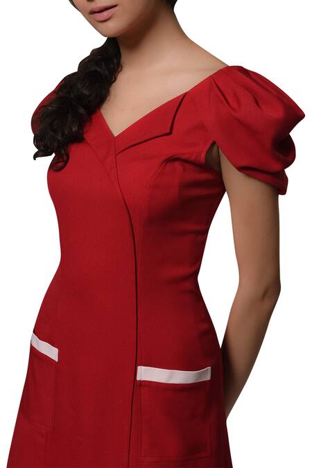 Buy_Manika Nanda_Red Heavy Moss Crepe Floral, Beads Round Short Dress _Online_at_Aza_Fashions